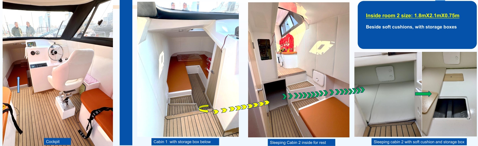 Panoramic interior view showing the helm, seating, and access to the bathroom.