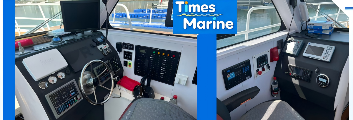 integrated GPS navigation and VHF radio equipment on 48ft aluminum sport fishing yacht helm