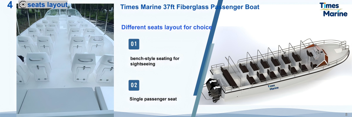 Modular bench seating or Individual modular seating layout on Times Marine 37ft passenger transport vessel