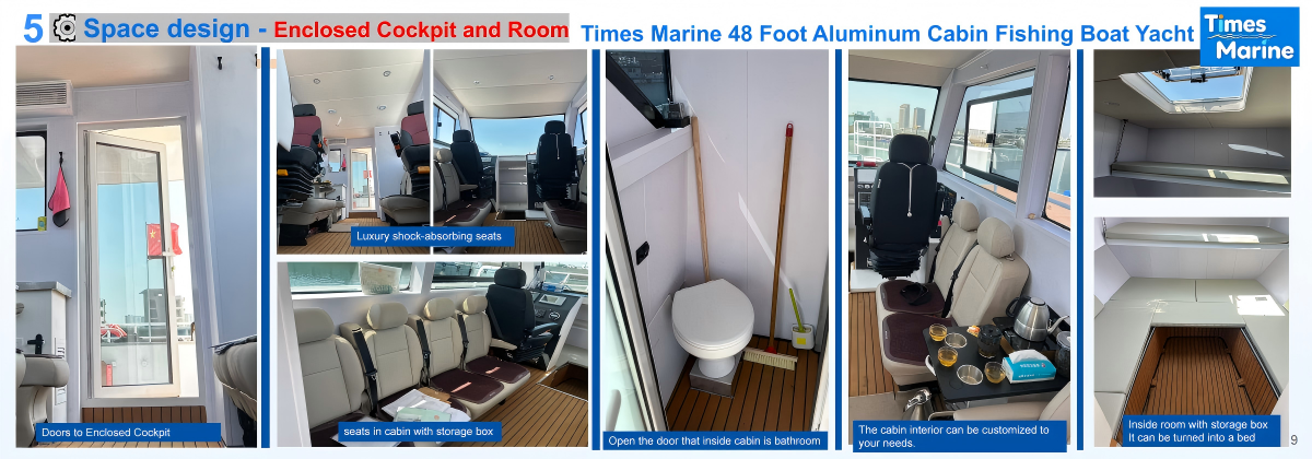 spacious passenger seating area inside 12 passenger aluminum yacht with premium upholstery and tea table