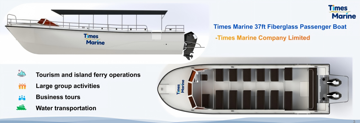 Spacious 3.2m beam deck space Times Marine 37ft fiberglass passenger vessel