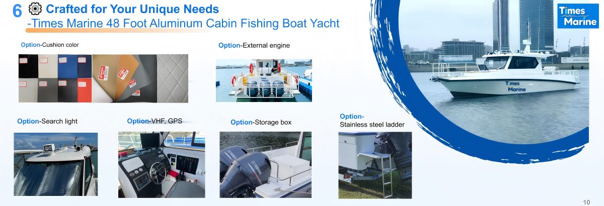 customizable interior layout of 48ft aluminum yacht showing premium finishes and flexible seating configurations